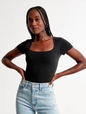 Abercrombie & Fitch Black Short Sleeve Cotton Seamless Square Neck Bodysuit